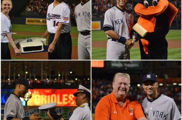 Les @baltimoreorioles présentent au capitaine des cadeaux avant le spectacle de ce soir ...