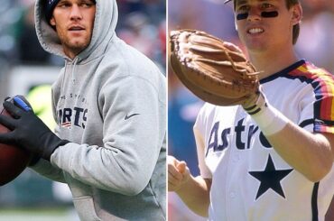 Oui, c’est Tom Brady, pas Craig Biggio, l’élu # HOF2015 en train de s’échauffer sur votre télé ....