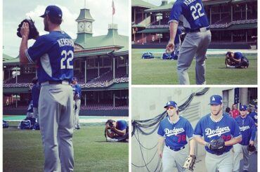 Clayton Kershaw s'échauffe avant le début de sa série #OpeningSeries ....