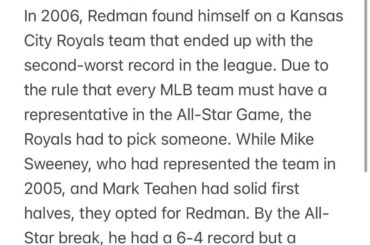 Il n'y a pas assez de personnages pour raconter toute l'histoire et le contexte à mettre dans le titre, mais de toute façon, c'est pourquoi je pense que Mark Redman est le pire lanceur à devenir un All Star, du moins de mémoire récente.