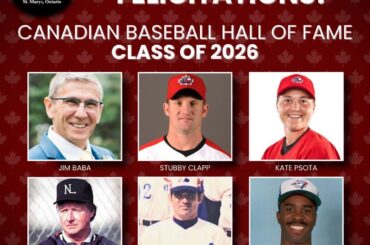 Promotion 2026 du Temple de la renommée du baseball canadien : Jim Baba, Stubby Clapp, Kate Psota, Paul Runge, Bill Stoneman, Devon White.