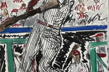 Le baseball manque par une froide journée d'hiver. WarPAINt, peinture/encre sur toile. 2026.