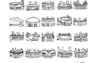 Matchs d'entraînement de printemps en arrière-plan, dessin à l'encre des 30 stades de la MLB au premier plan