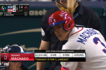 La République Dominicaine élargit son avance à 7-0 en 3ème après un simple RBI de Manny Machado et des buts sur balles de Fernando Tatís Jr. et Ketel Marte.