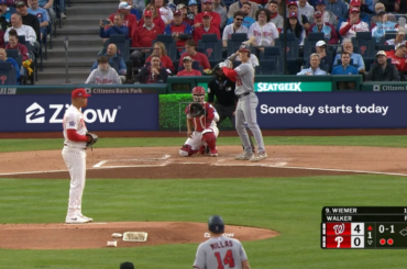 Confusion à Philadelphie alors que Joey Wiemer est initialement exclu au 1er but pour terminer la manche et que les Phillies ont également marqué Drew Millas entre le 3e et le domicile. Après examen, Wiemer est déclaré sain et sauf, Millas est autorisé à revenir en 3e position et Rob Thomson appelle tout cela des conneries. Wiemer frappe toujours 1.000