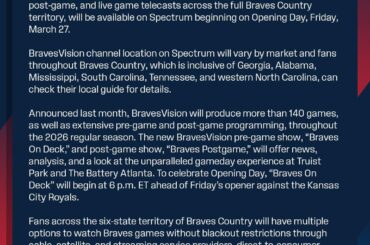 Déclaration des Braves d'Atlanta : Braves et Spectrum concluent un accord de distribution pluriannuel pour BravesVision