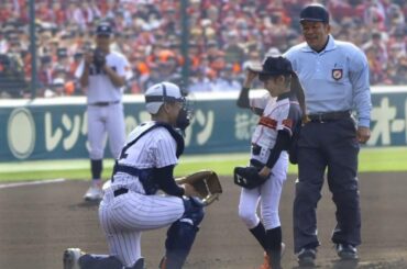 Le tournoi de baseball des lycées du printemps au Japon a commencé. Le deuxième jour des matchs, une écolière du primaire a lancé le premier lancer de cérémonie. Le receveur, Rinsei Shimajiri du lycée Shiga Gakuen, s'est agenouillé et lui a rendu le ballon.