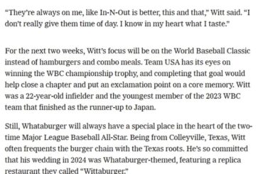 (The Athletic) Bobby Witt Jr partage sa position très controversée sur les chaînes de restauration rapide de hamburgers avant le WBC.
