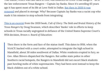 (Craig Calcaterra) Hier, les Texas Rangers ont érigé une statue d'un policier ségrégationniste au Globe Life Field. Une statue qui a été retirée du domaine public en 2020 en raison de son passé raciste. mlb.com a refusé de commenter.