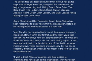 Déclaration des Red Sox de Boston concernant le licenciement d'Alex Cora et d'une grande partie de l'équipe d'entraîneurs :