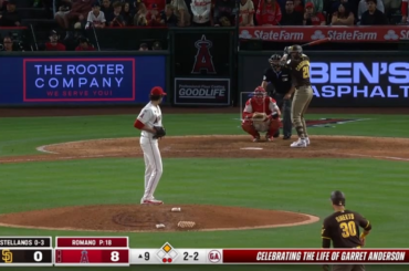 Lors d'une soirée de célébration pour feu Garret Anderson, Jordan Romano élimine Nick Castellanos et les Angels de Los Angeles dominent les Padres dans toutes les facettes du jeu et mettent fin à la séquence de 8 victoires consécutives de San Diego par un score de 8-0.