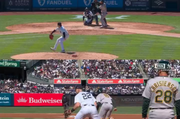 (Jomboy Media) Le joueur de deuxième but des Yankees, Amed Rosario, a trompé le coureur de base de A, Nick Kurtz, en lui faisant croire que cette balle n'avait pas été frappée en l'air. Aaron Judge a donc complété le double jeu