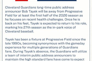 Déclaration des Guardians de Cleveland concernant Bob Tayek, qui manquera au moins la première moitié de la saison 2026 en raison de récents problèmes de santé
