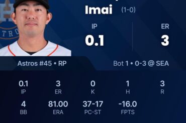 Tatsuya Imai ne parvient pas à passer la première manche contre les Mariners après avoir marché 4 tout en accordant 3 points.