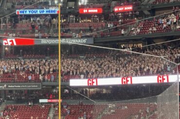 Il y a un grand groupe de mecs torse nu dans la foule au Busch Stadium