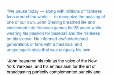 Déclaration des Yankees de New York concernant le décès du diffuseur de longue date John Sterling :