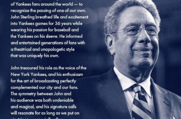 Déclaration des Yankees de New York concernant le décès du légendaire Yankees Radio Voice John Sterling